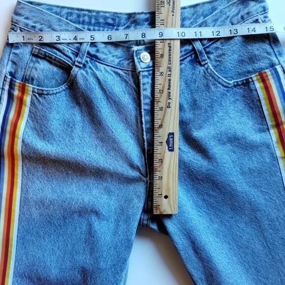 Retro 1 Rainbow Striped Embellished Relaxed Wide Leg Mid Rise Blue Jeans 9 / 29 - Picture 9 of 10